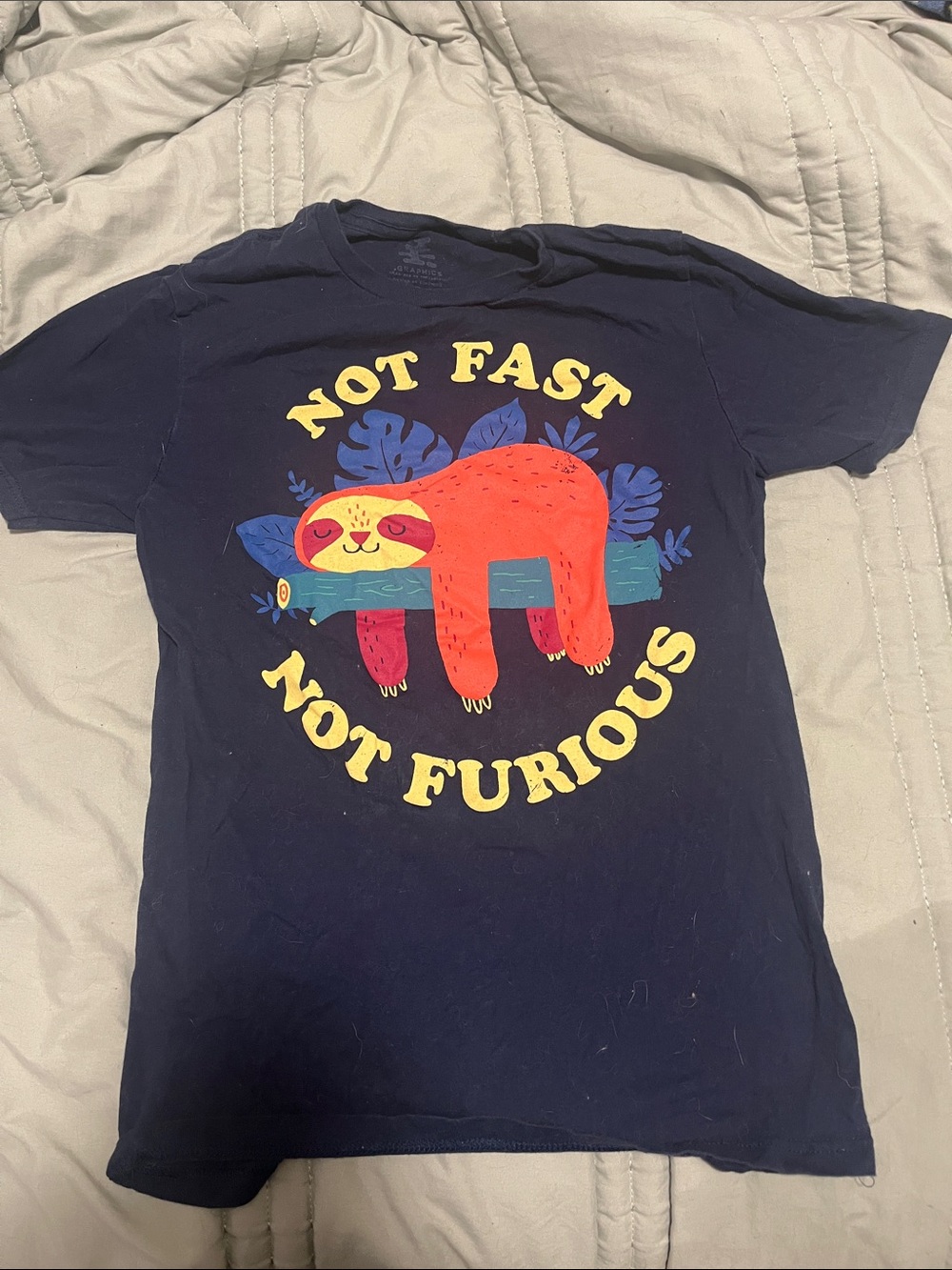 Women’s’ Navy "Not Fast Not Furious" Sloth Graphic Tee